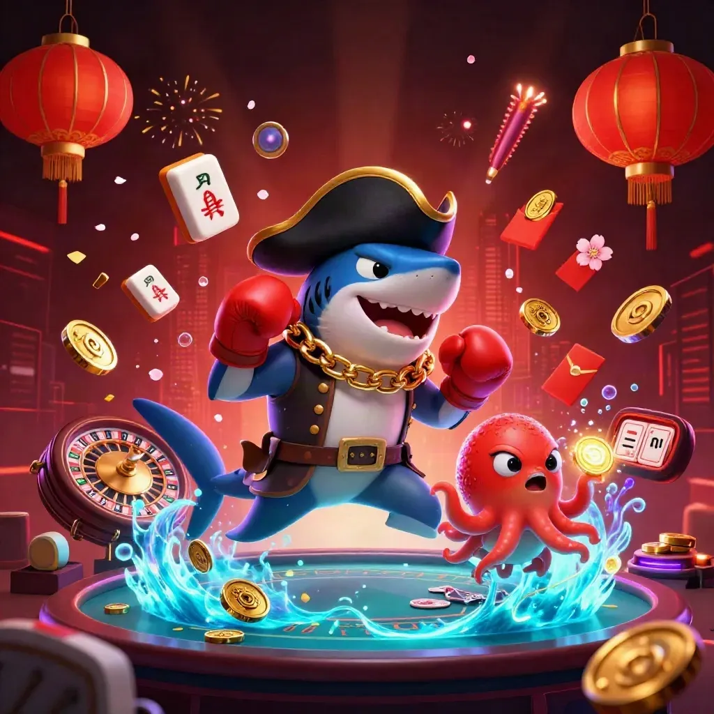 Pirate shark, boxing pufferfish, and coin-juggling octopus amid casino treasure and neon lights.