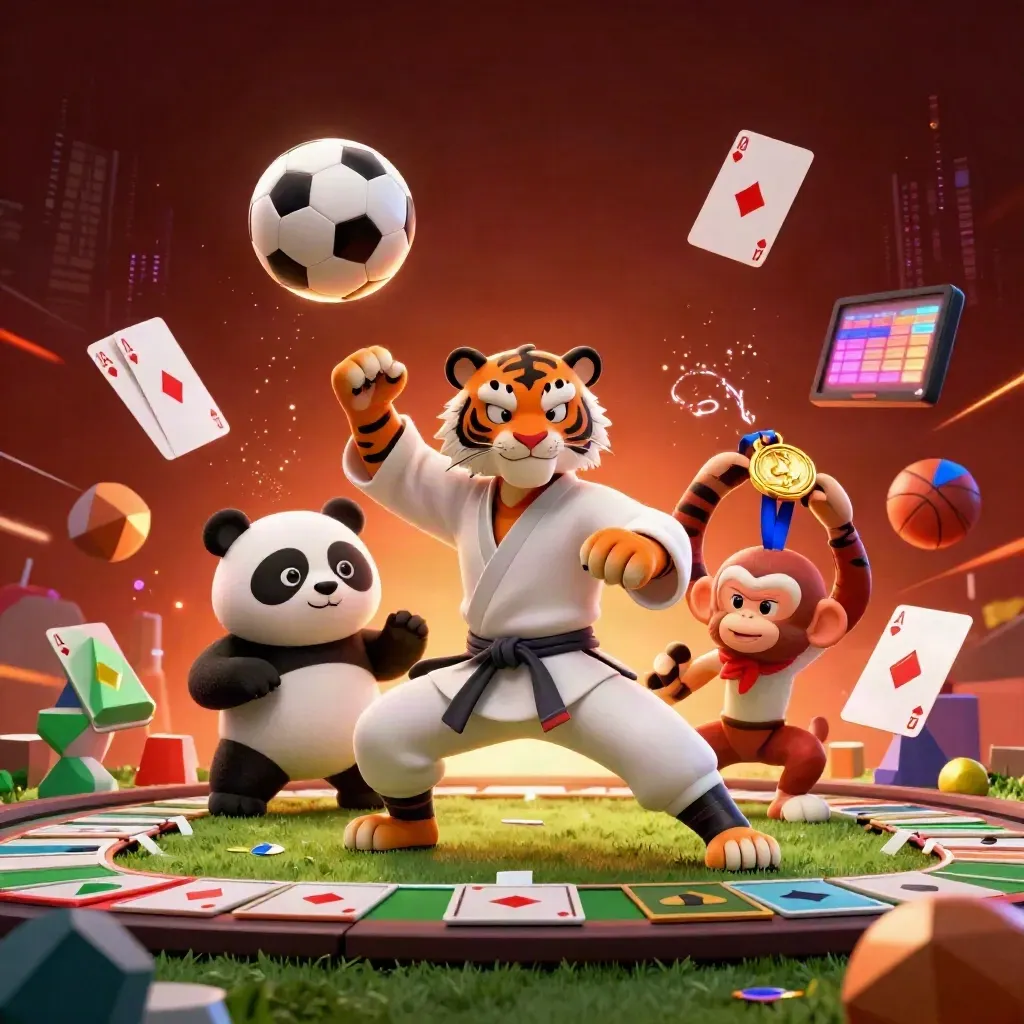 Kung-fu tiger, panda and monkey on a soccer ball blast, with casino chips and neon stadium light.