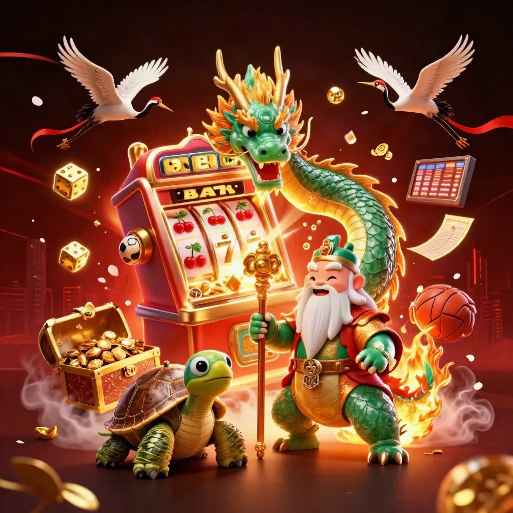 Jade dragon, turtle sage and cranes amid slot sparks, gold coins and sports balls in neon casino light.