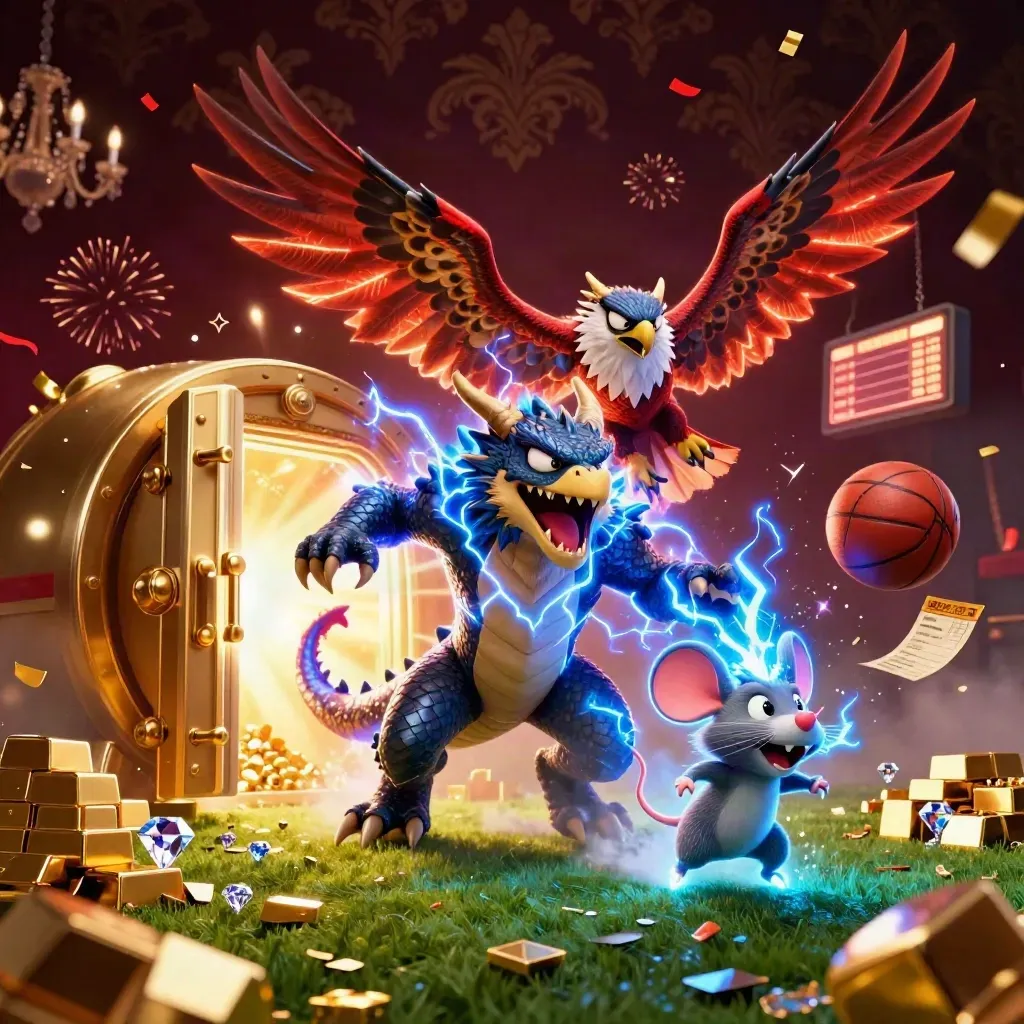 Thunder dragon, glowing hawk, and static mouse burst amid casino gold, lightning, and sports balls