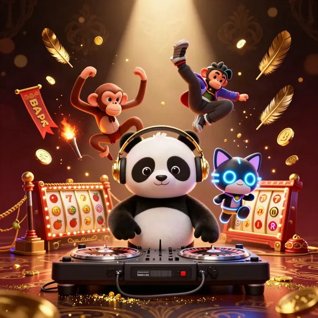 Panda DJ, breakdancing monkey, and glow-stick kitten amid casino bursts and temple lights.