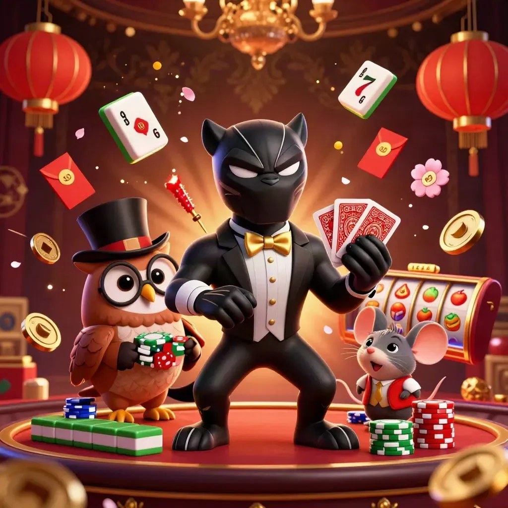 Panther, owl, and mouse in a luxe casino burst with coins, tiles, and glowing effects.