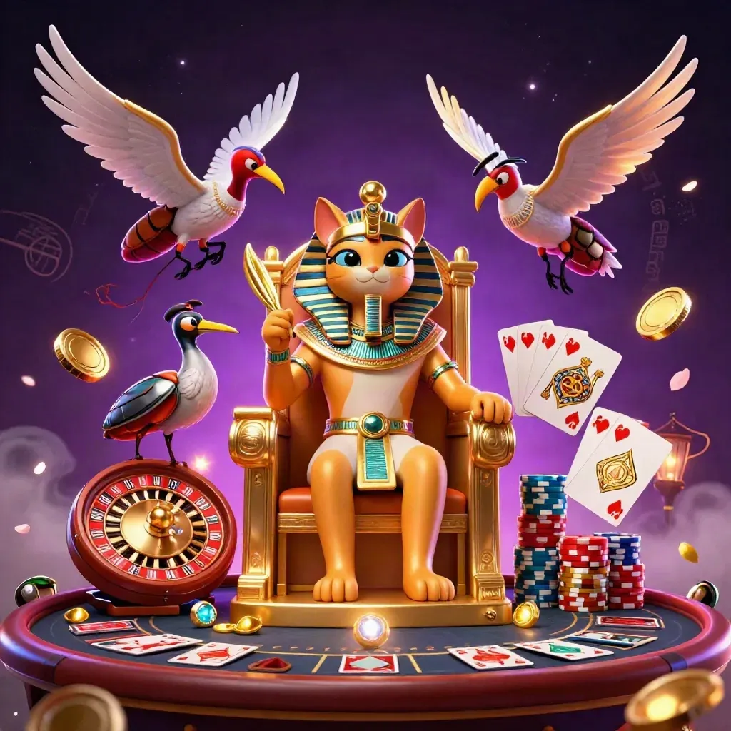 Pharaoh cat, ibis scribe and gem scarabs amid coins, chips, roulette wheel and casino glow.