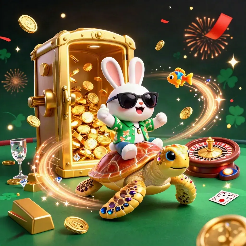 Lucky rabbit rides a golden turtle amid vault coins, fireworks, roulette and casino cards