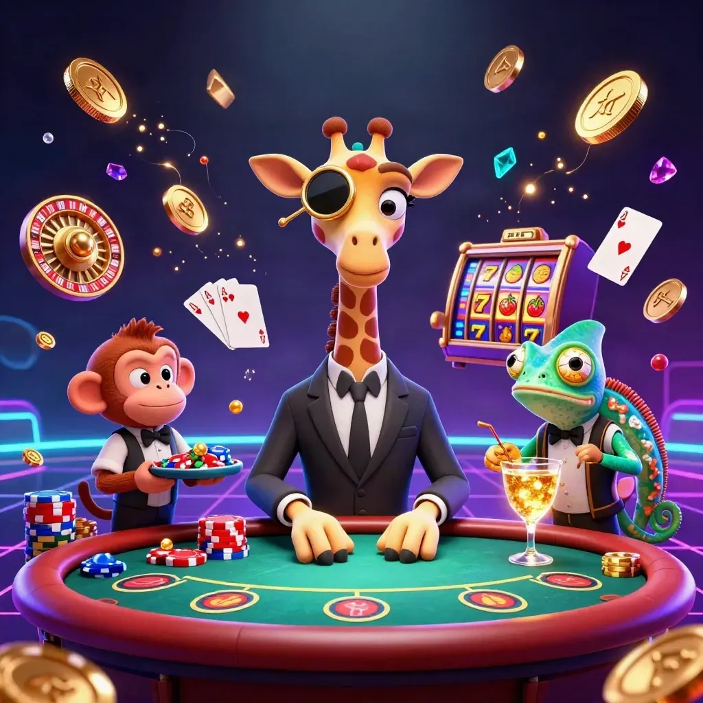 Giraffe, monkey valet, and chameleon bartender amid chips, cards, reels, and neon casino glow