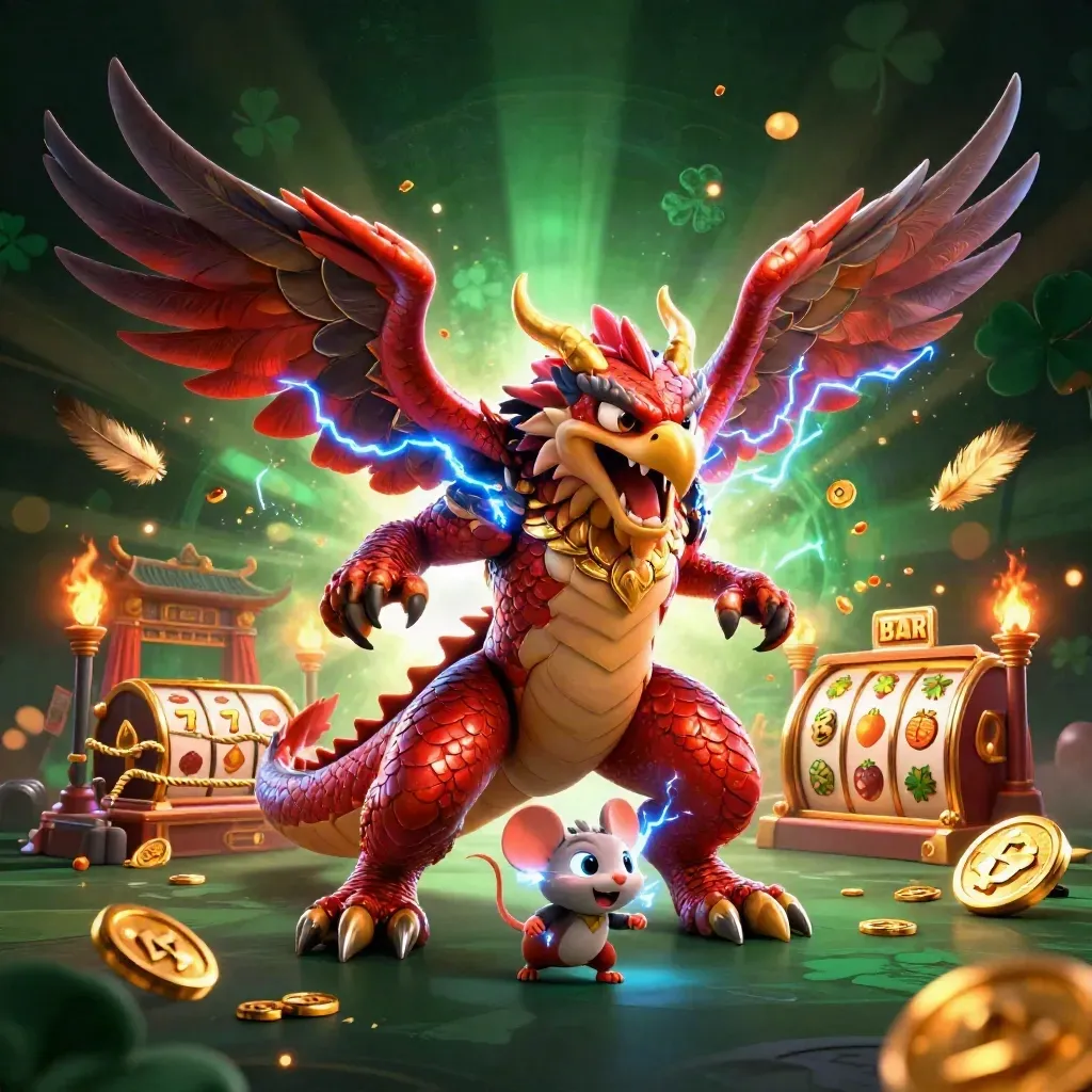 Thunder dragon, wind hawk, and static mouse amid coins, temple gate, and slot symbols.